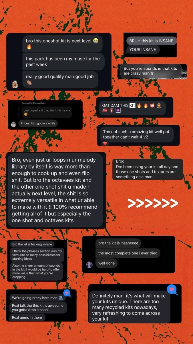 Screenshots of DM messages from producers praising the sample kits