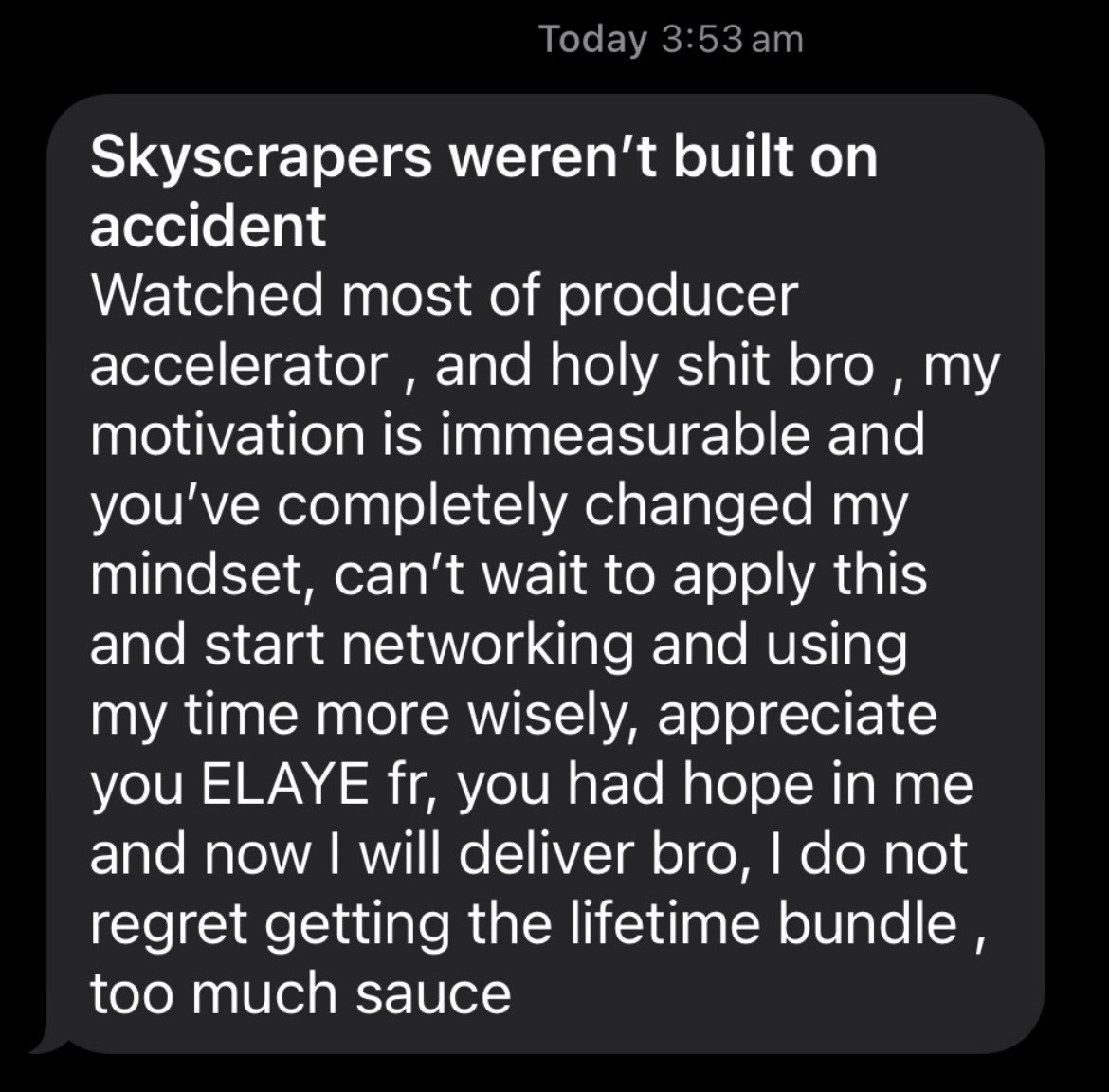 Screenshot of a DM thanking ELAYE for the mentorship content