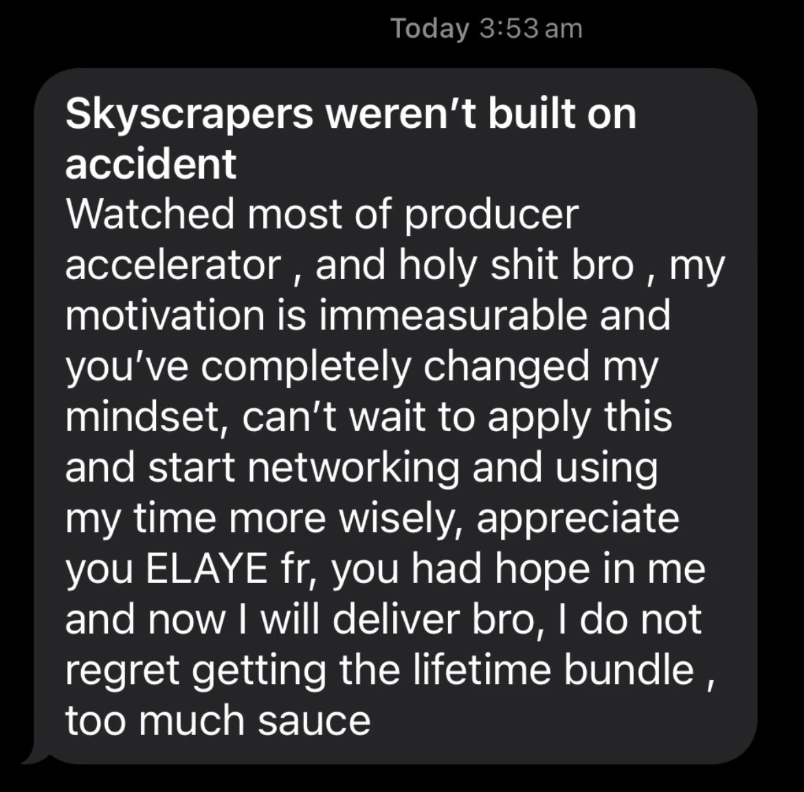 Screenshot of a DM thanking ELAYE for the mentorship content